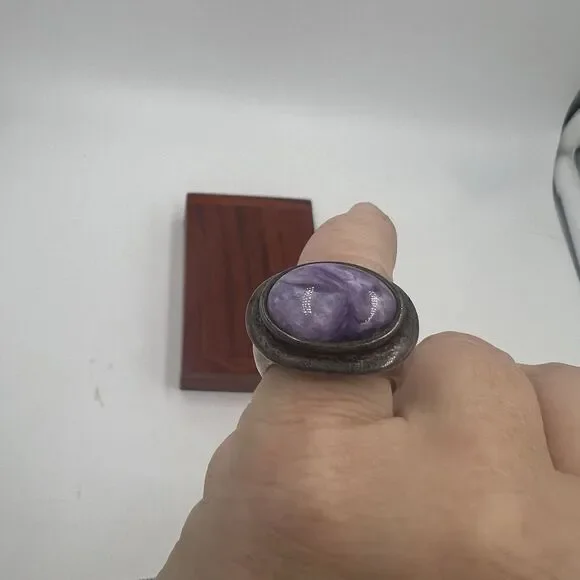 925 Sterling Silver Purple Charoite Oval Ring Sz 6.25 Pinky Heavy Tested GIFT - Picture 3 of 14